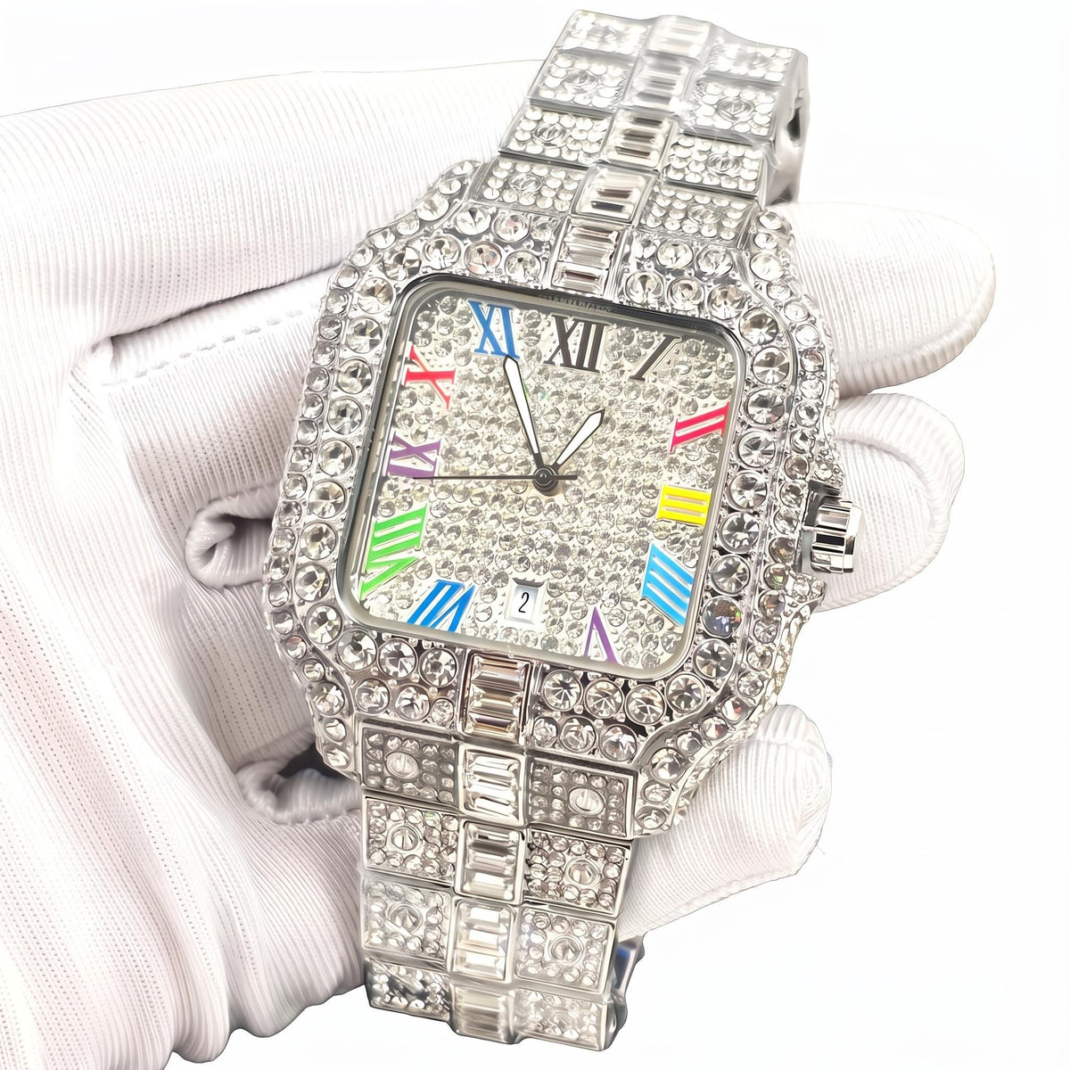 Luxury Iced Out Square Watch | Colorful Roman Numerals | CZ Hip Hop Bling