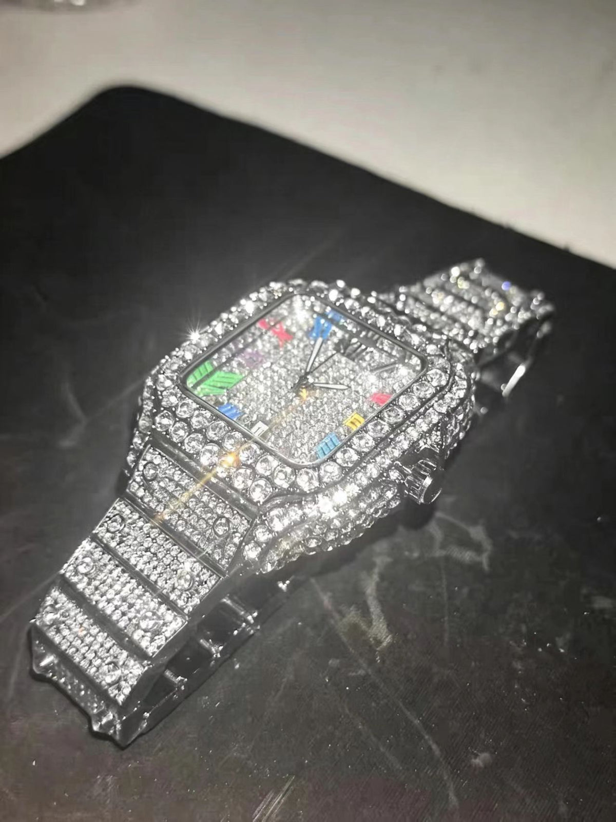 Luxury Iced Out Square Watch | Colorful Roman Numerals | CZ Hip Hop Bling