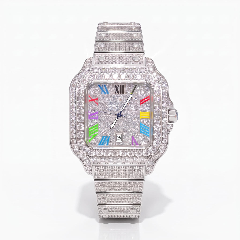 Luxury Iced Out Square Watch | Colorful Roman Numerals | CZ Hip Hop Bling