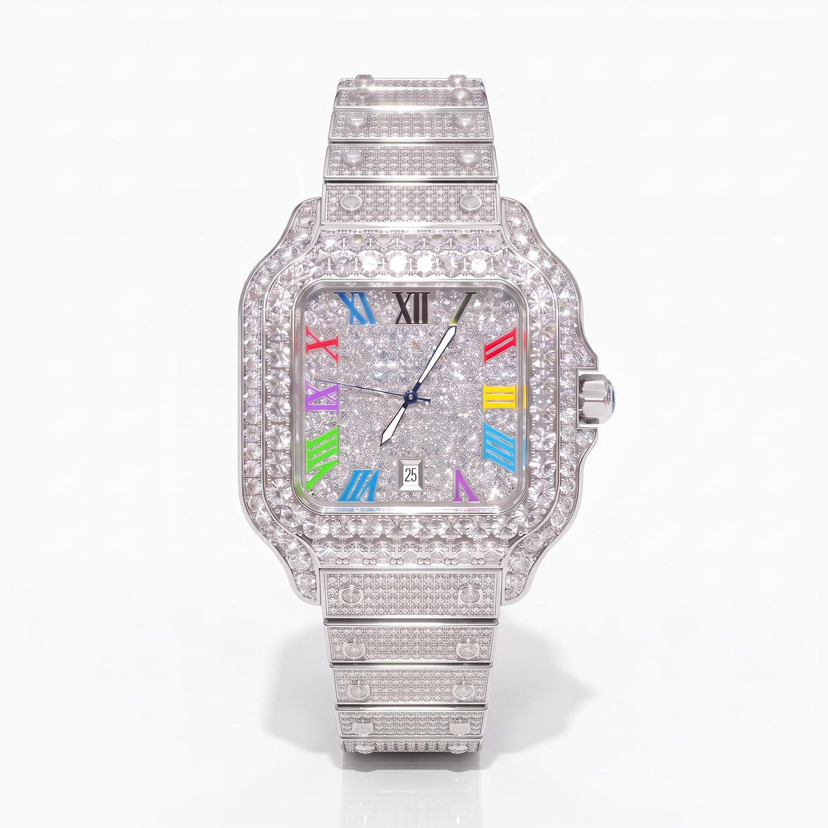 Luxury Iced Out Square Watch | Colorful Roman Numerals | CZ Hip Hop Bling