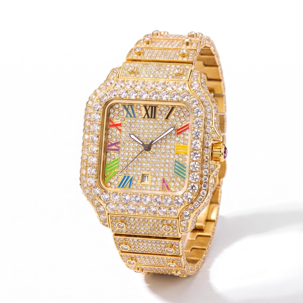 Luxury Iced Out Square Watch | Colorful Roman Numerals | CZ Hip Hop Bling
