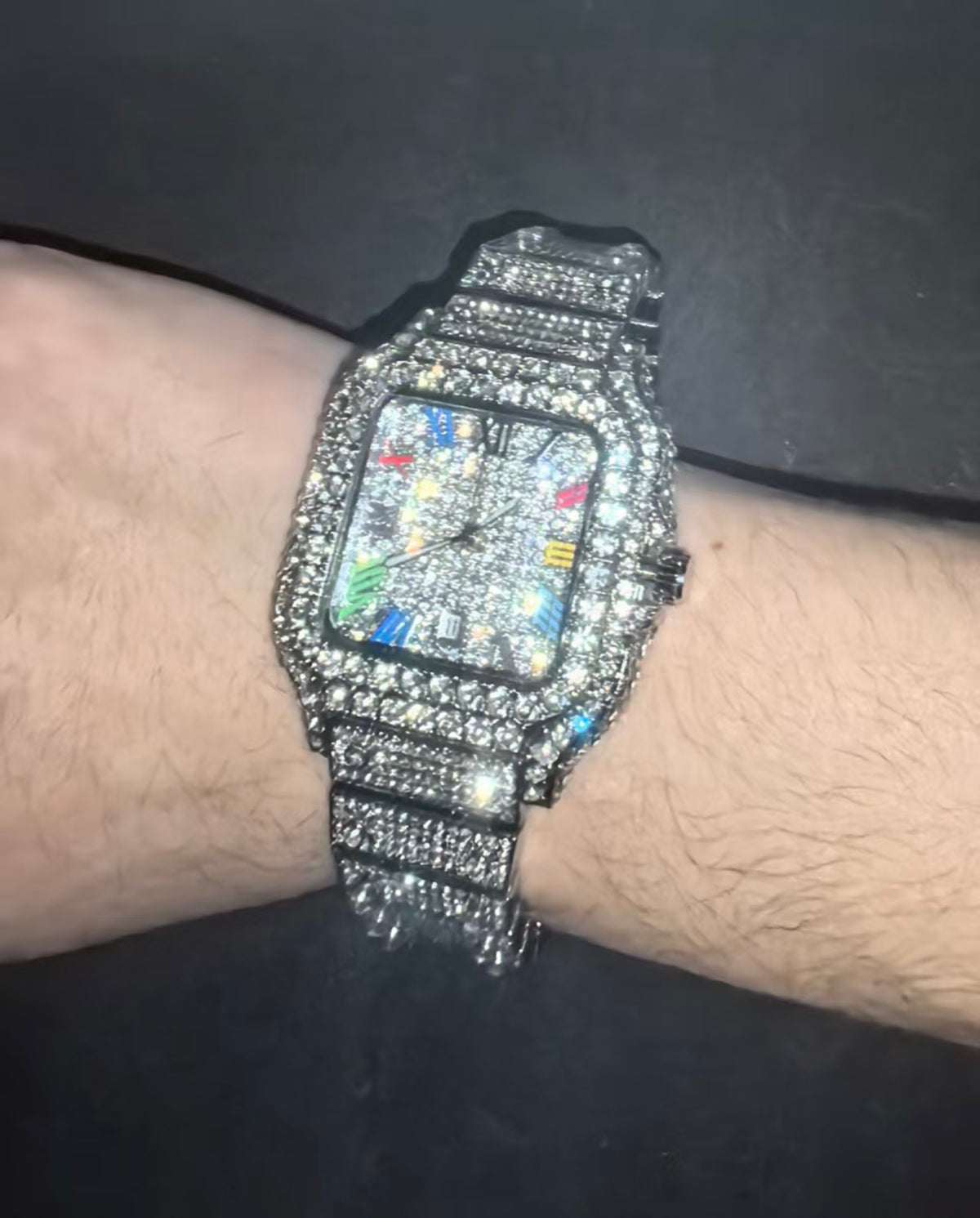 Luxury Iced Out Square Watch | Colorful Roman Numerals | CZ Hip Hop Bling