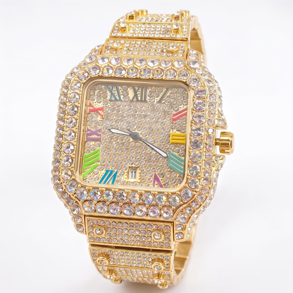 Luxury Iced Out Square Watch | Colorful Roman Numerals | CZ Hip Hop Bling