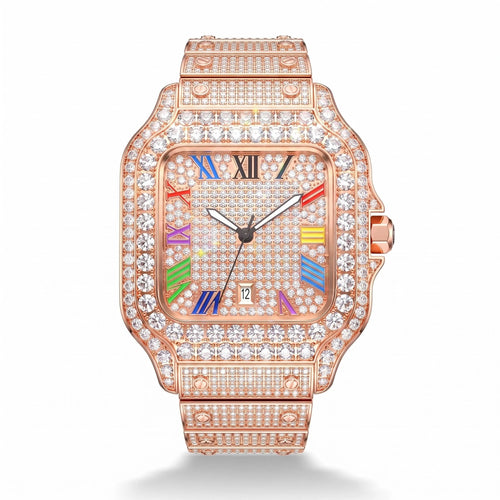 Luxury Iced Out Square Watch | Colorful Roman Numerals | CZ Hip Hop Bling